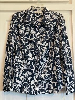Jones New York Sport Navy/White Floral button up blouse XL 100% Cotton